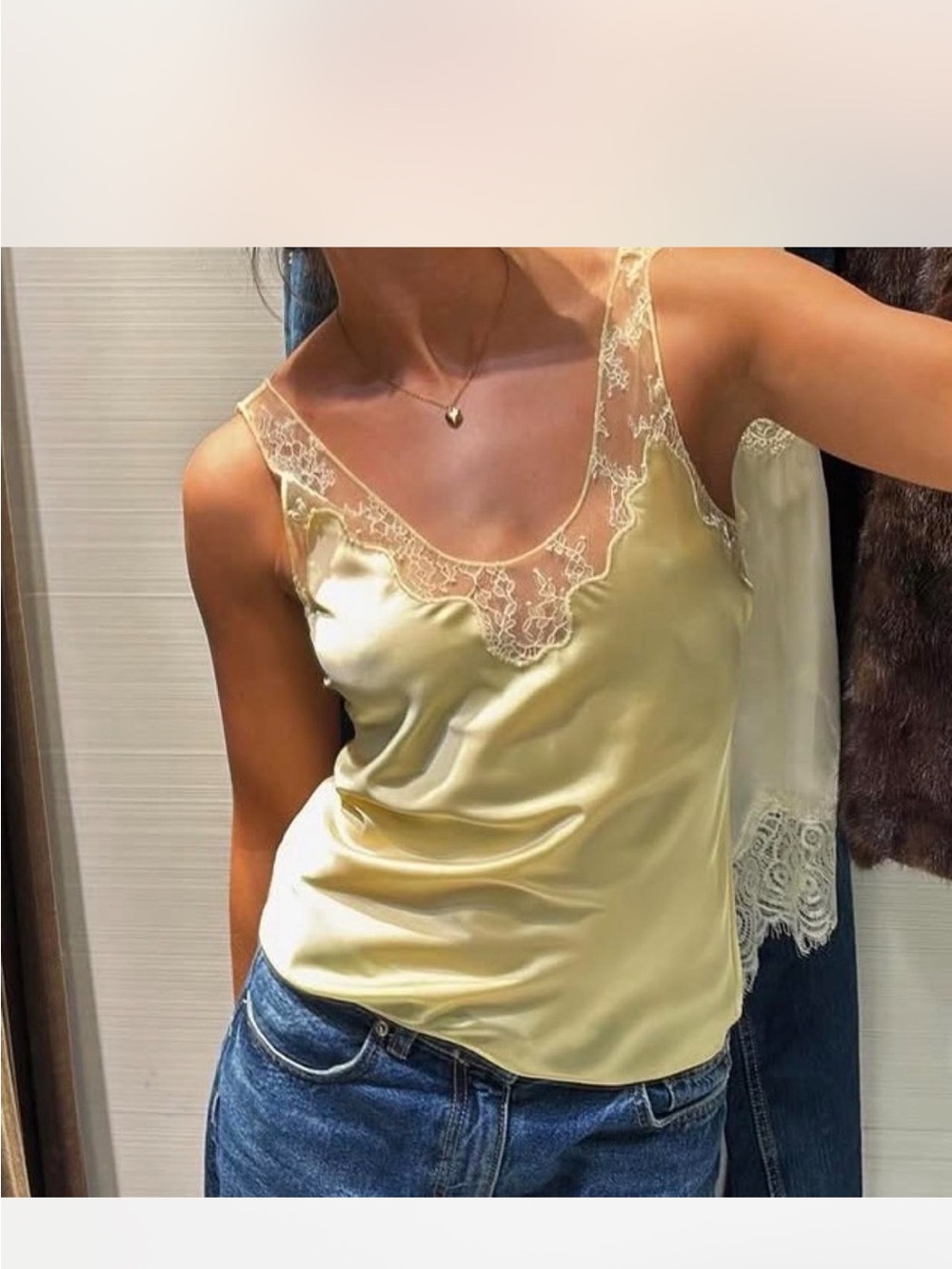 Zara Pale Yellow Lace-Trim Satin Camisole